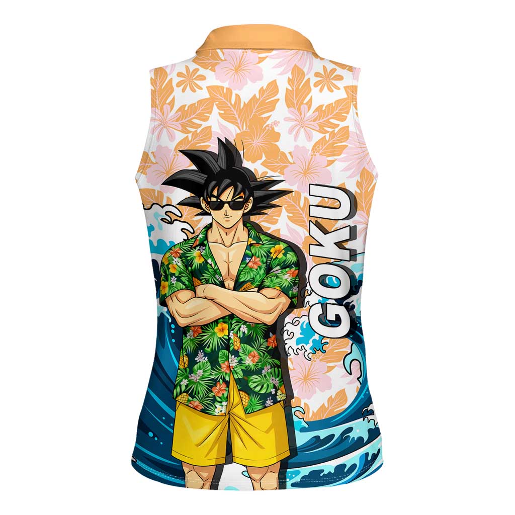 Goku Dragon Ball Summer Theme Women Sleeveless Polo Shirt with Tropical Floral Shirt Sunglasses Shenron and Ocean Wave Background - The Mazicc