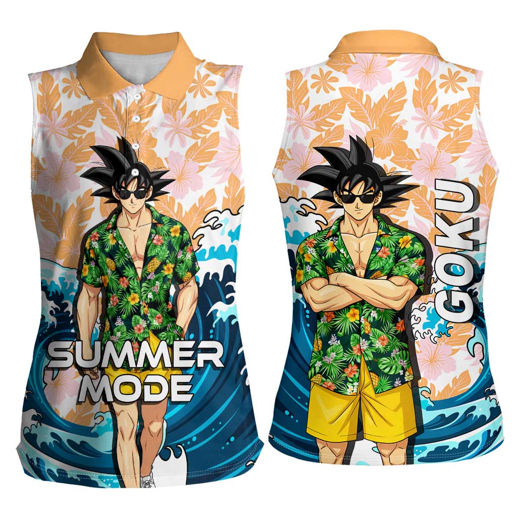 Goku Dragon Ball Summer Theme Women Sleeveless Polo Shirt with Tropical Floral Shirt Sunglasses Shenron and Ocean Wave Background - The Mazicc