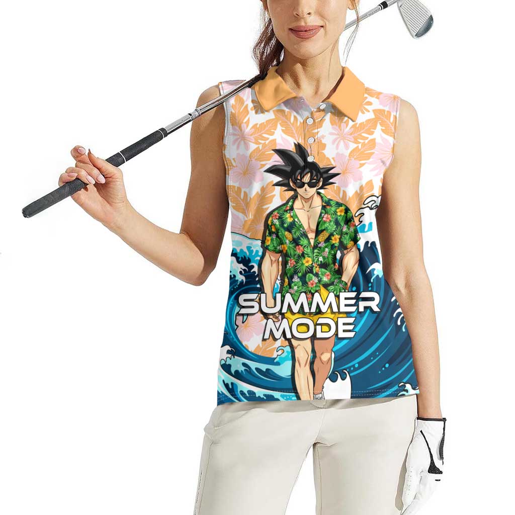 Goku Dragon Ball Summer Theme Women Sleeveless Polo Shirt with Tropical Floral Shirt Sunglasses Shenron and Ocean Wave Background - The Mazicc