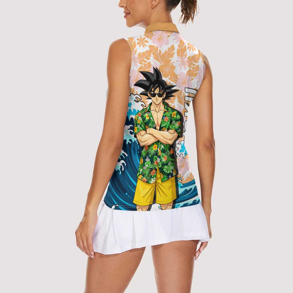 Goku Dragon Ball Summer Theme Women Sleeveless Polo Shirt with Tropical Floral Shirt Sunglasses Shenron and Ocean Wave Background - The Mazicc