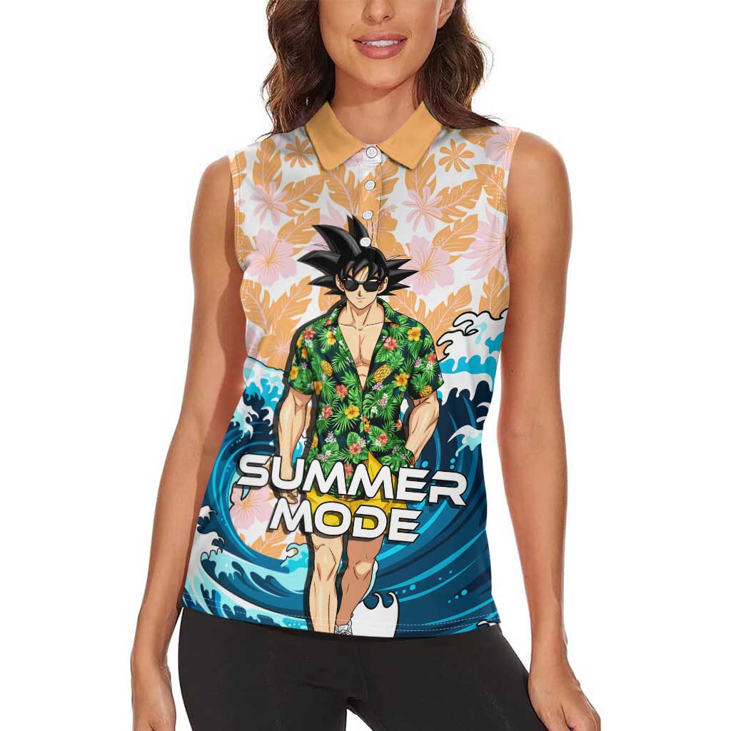 Goku Dragon Ball Summer Theme Women Sleeveless Polo Shirt with Tropical Floral Shirt Sunglasses Shenron and Ocean Wave Background - The Mazicc