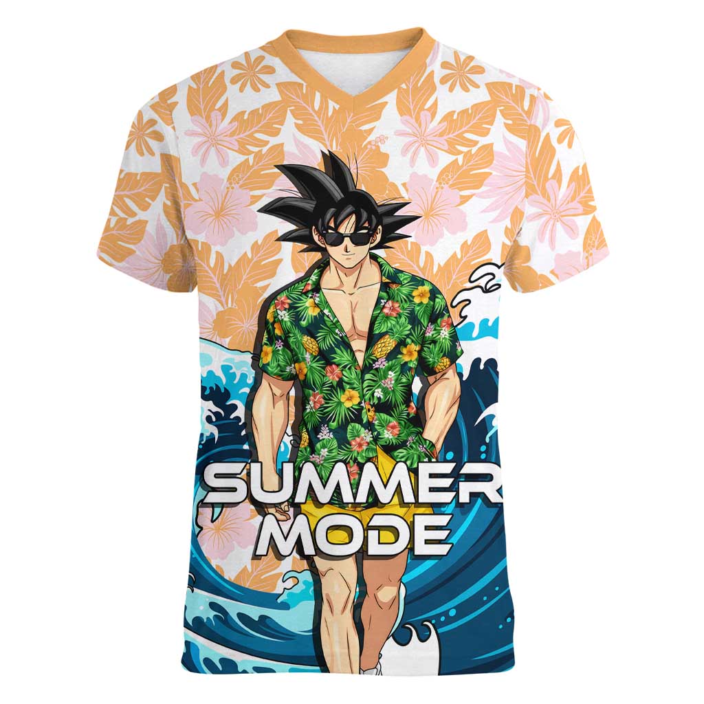 Goku Dragon Ball Summer Theme Women V-Neck T-Shirt with Tropical Floral Shirt Sunglasses Shenron and Ocean Wave Background - The Mazicc