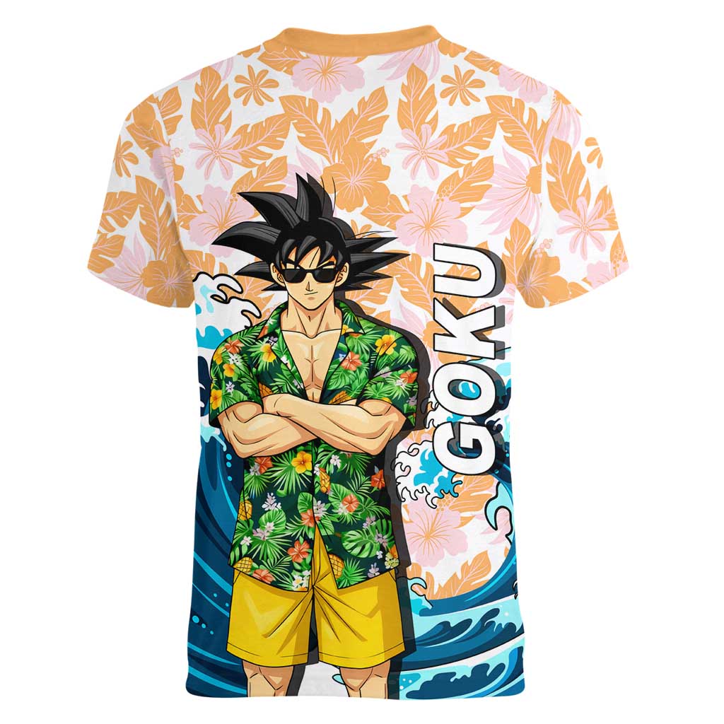 Goku Dragon Ball Summer Theme Women V-Neck T-Shirt with Tropical Floral Shirt Sunglasses Shenron and Ocean Wave Background - The Mazicc