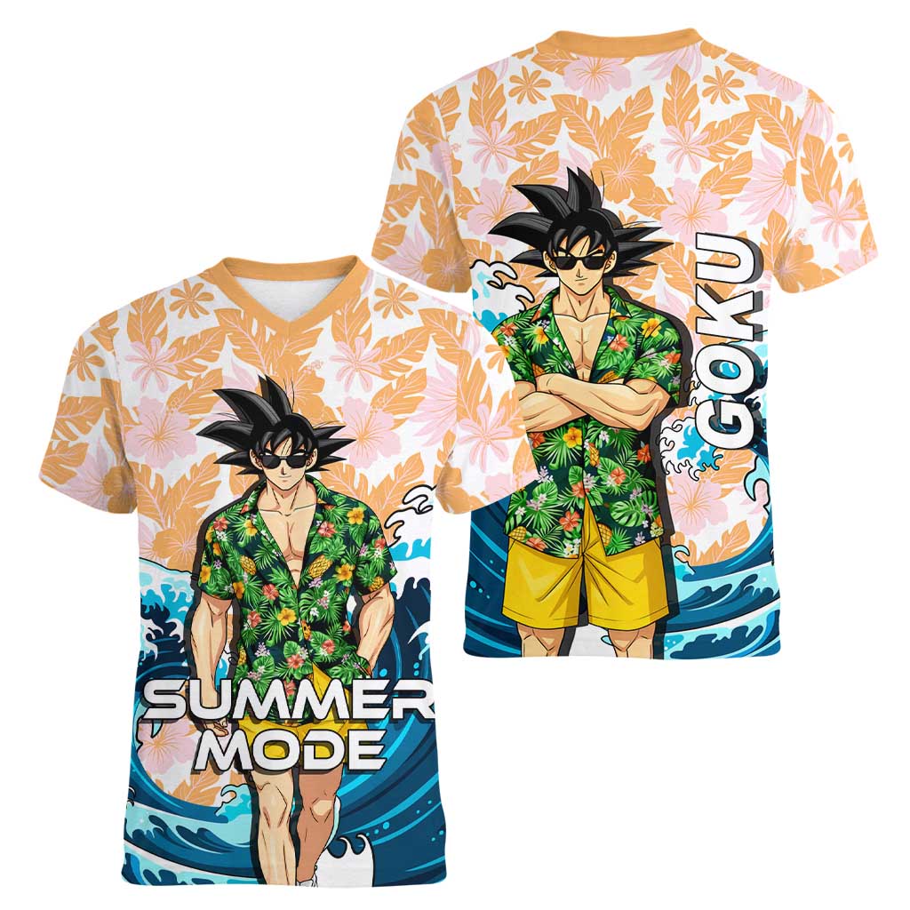 Goku Dragon Ball Summer Theme Women V-Neck T-Shirt with Tropical Floral Shirt Sunglasses Shenron and Ocean Wave Background - The Mazicc