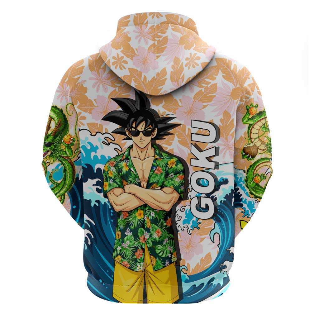 Goku Dragon Ball Summer Theme Zip Hoodie with Tropical Floral Shirt Sunglasses Shenron and Ocean Wave Background - The Mazicc