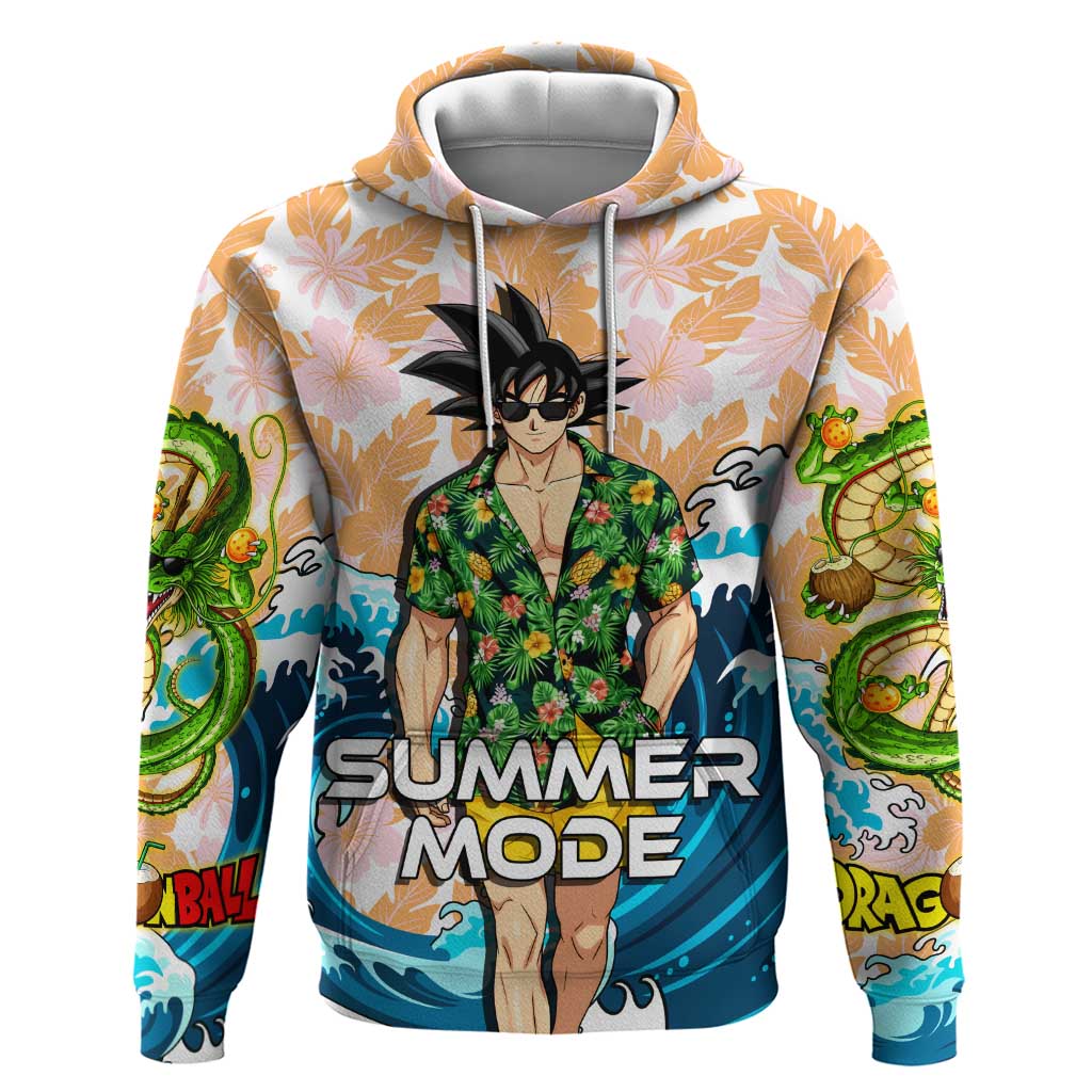 Goku Dragon Ball Summer Theme Zip Hoodie with Tropical Floral Shirt Sunglasses Shenron and Ocean Wave Background - The Mazicc