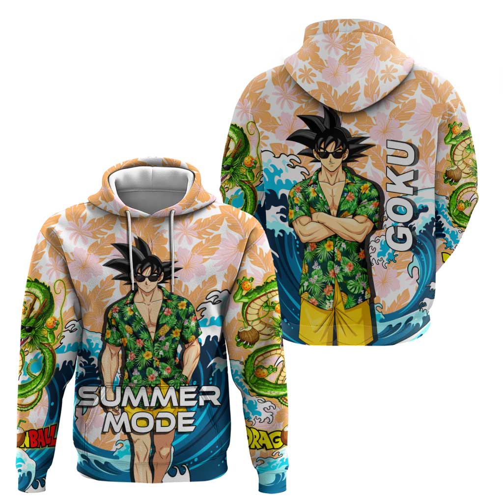 Goku Dragon Ball Summer Theme Zip Hoodie with Tropical Floral Shirt Sunglasses Shenron and Ocean Wave Background - The Mazicc
