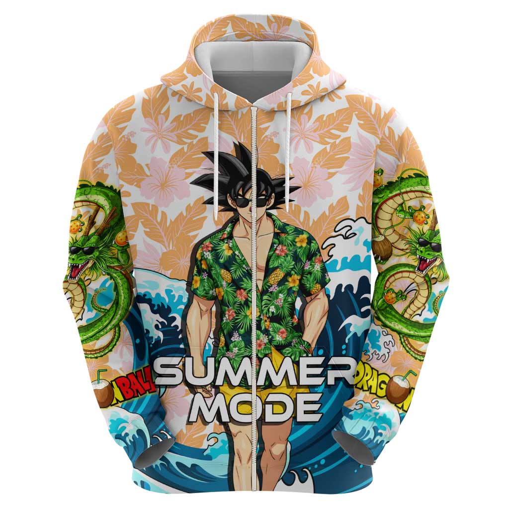 Goku Dragon Ball Summer Theme Zip Hoodie with Tropical Floral Shirt Sunglasses Shenron and Ocean Wave Background - The Mazicc