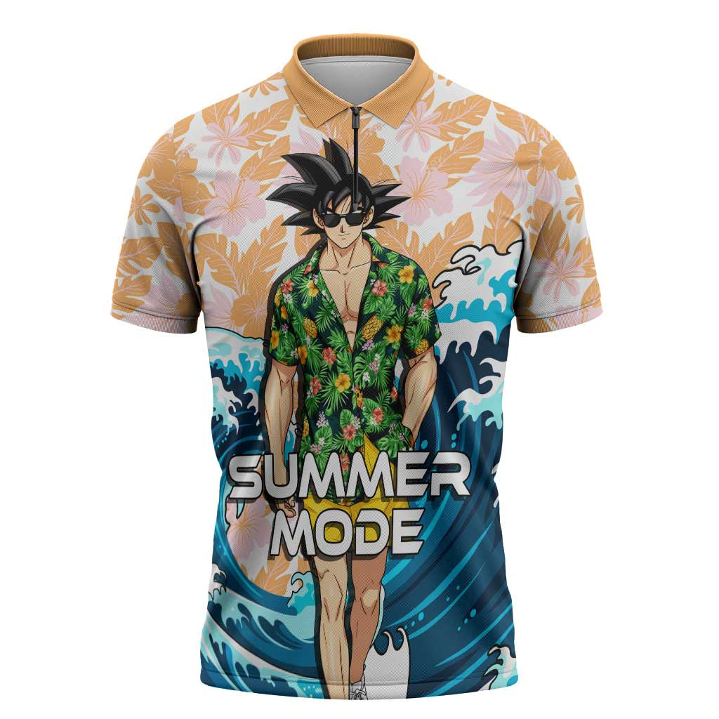 Goku Dragon Ball Summer Theme Zipper Polo Shirt with Tropical Floral Shirt Sunglasses Shenron and Ocean Wave Background - The Mazicc