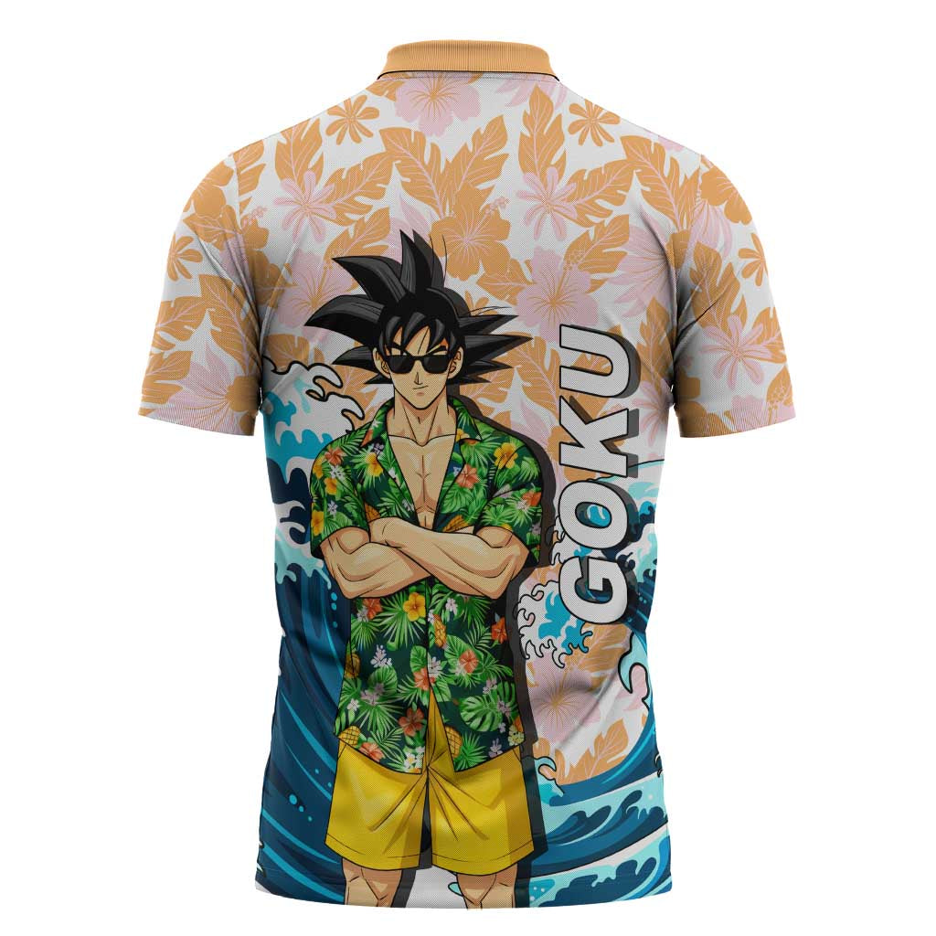 Goku Dragon Ball Summer Theme Zipper Polo Shirt with Tropical Floral Shirt Sunglasses Shenron and Ocean Wave Background - The Mazicc