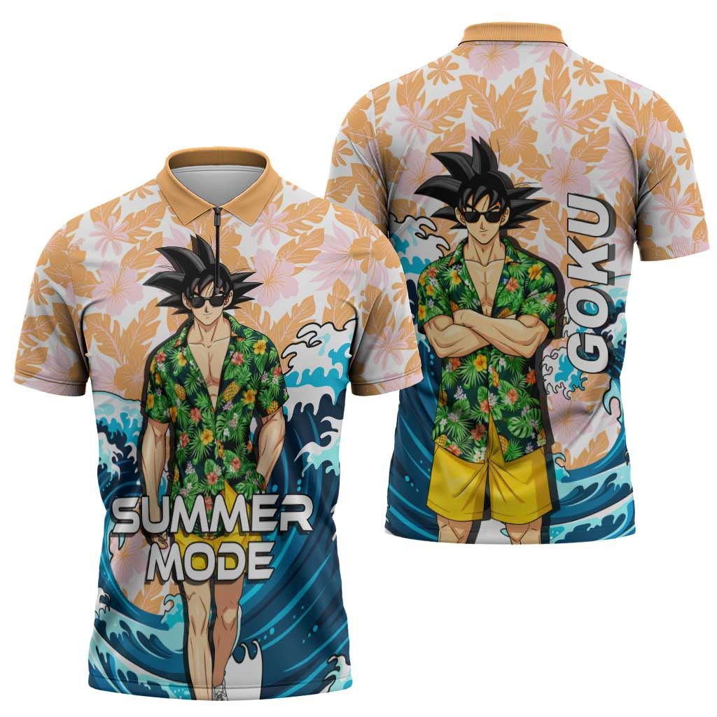 Goku Dragon Ball Summer Theme Zipper Polo Shirt with Tropical Floral Shirt Sunglasses Shenron and Ocean Wave Background - The Mazicc