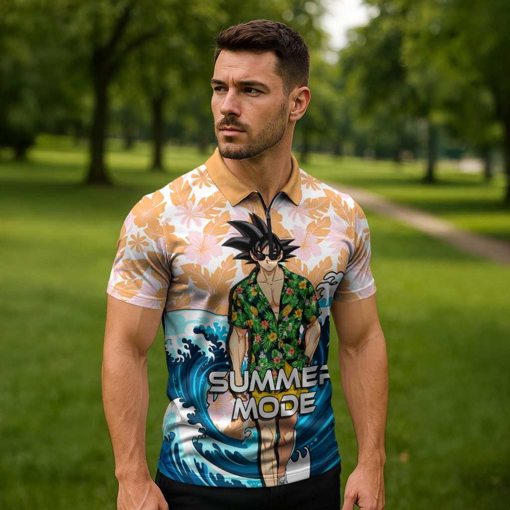Goku Dragon Ball Summer Theme Zipper Polo Shirt with Tropical Floral Shirt Sunglasses Shenron and Ocean Wave Background - The Mazicc