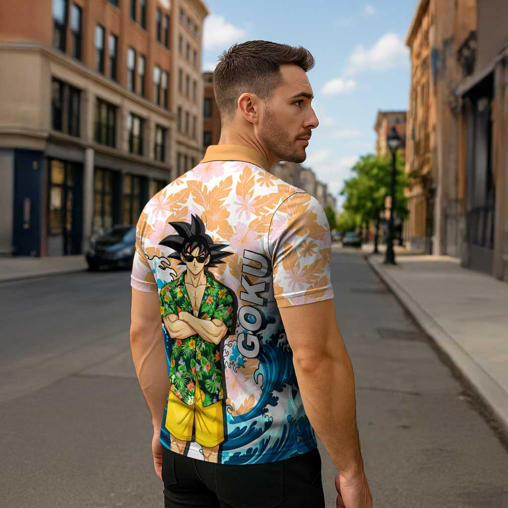 Goku Dragon Ball Summer Theme Zipper Polo Shirt with Tropical Floral Shirt Sunglasses Shenron and Ocean Wave Background - The Mazicc