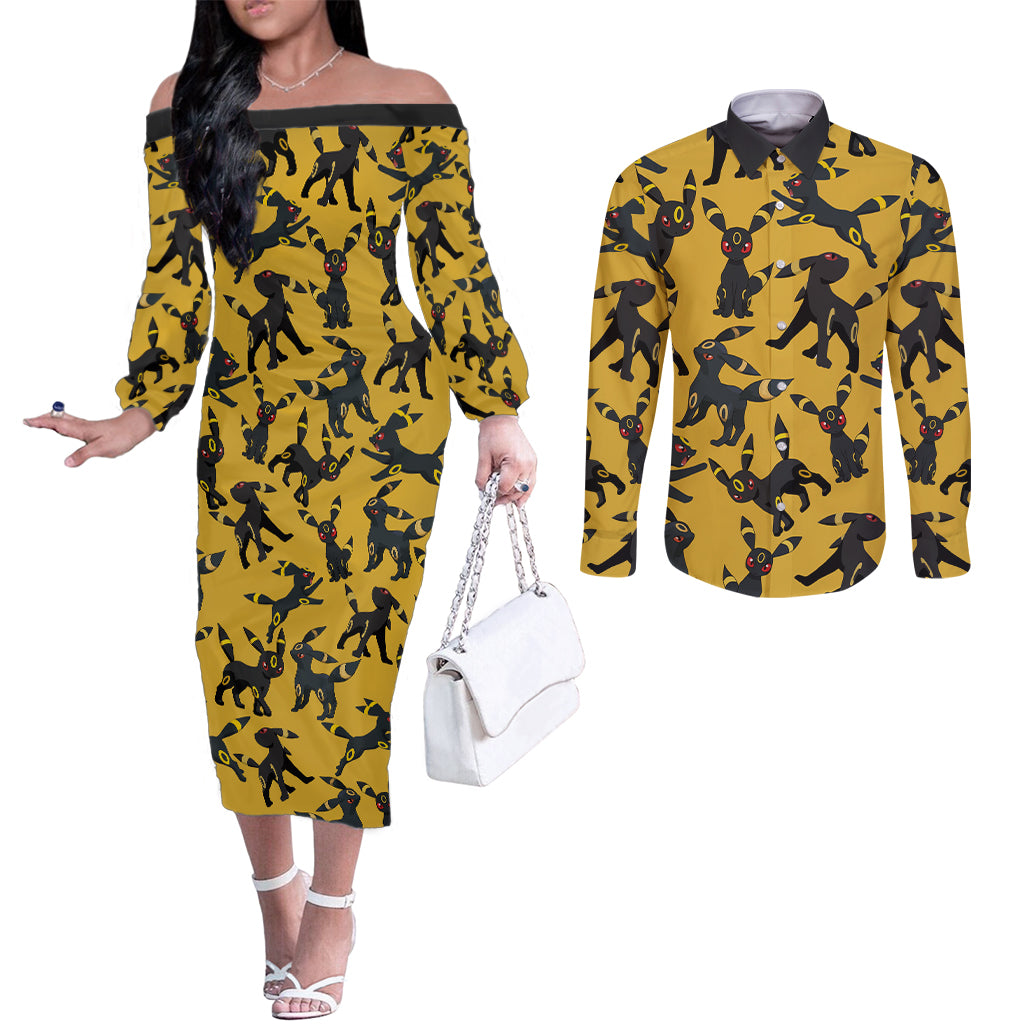 Umbreon Pattern Style Couples Matching Off The Shoulder Long Sleeve Dress and Long Sleeve Button Shirt