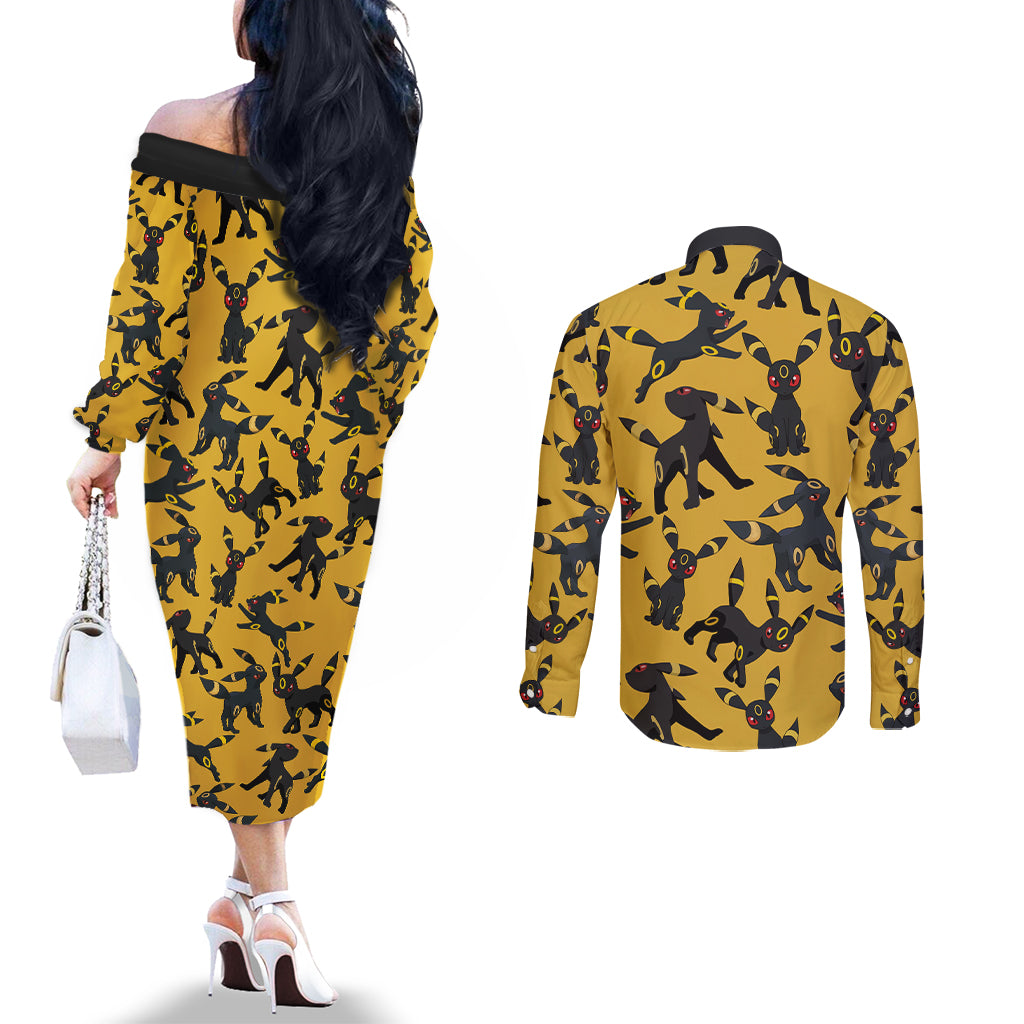 Umbreon Pattern Style Couples Matching Off The Shoulder Long Sleeve Dress and Long Sleeve Button Shirt