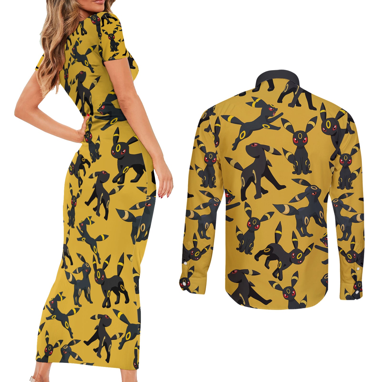 Umbreon Pattern Style Couples Matching Short Sleeve Bodycon Dress and Long Sleeve Button Shirt
