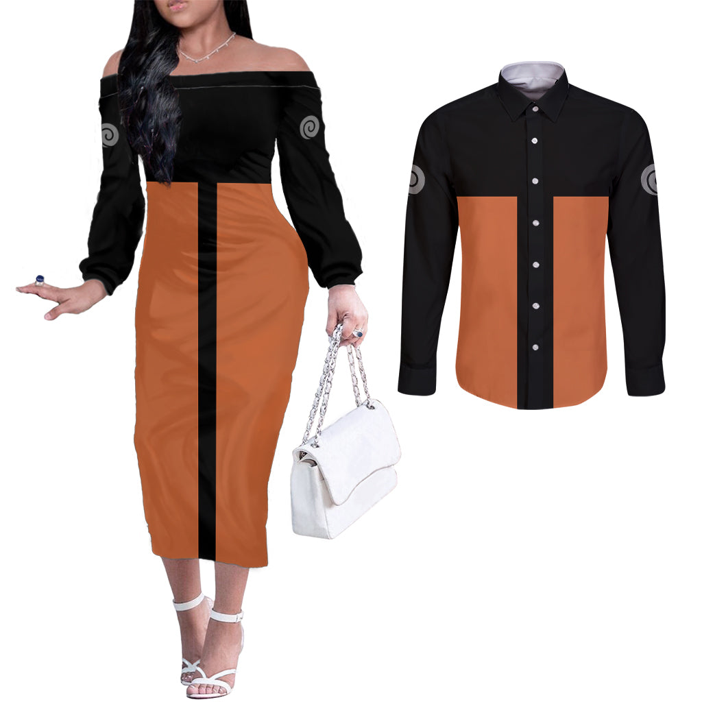 Uzumaki - Naruto Anime Couples Matching Off The Shoulder Long Sleeve Dress and Long Sleeve Button Shirt