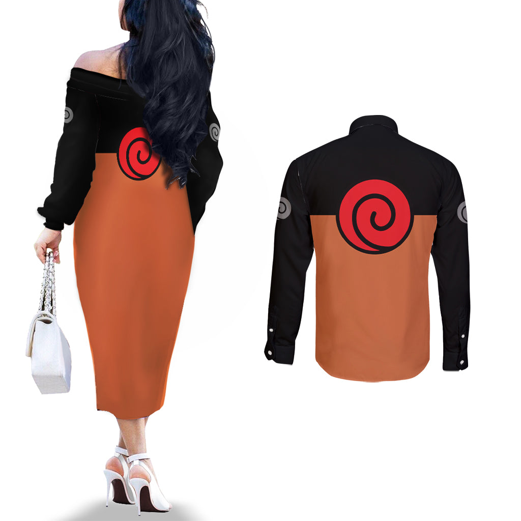 Uzumaki - Naruto Anime Couples Matching Off The Shoulder Long Sleeve Dress and Long Sleeve Button Shirt