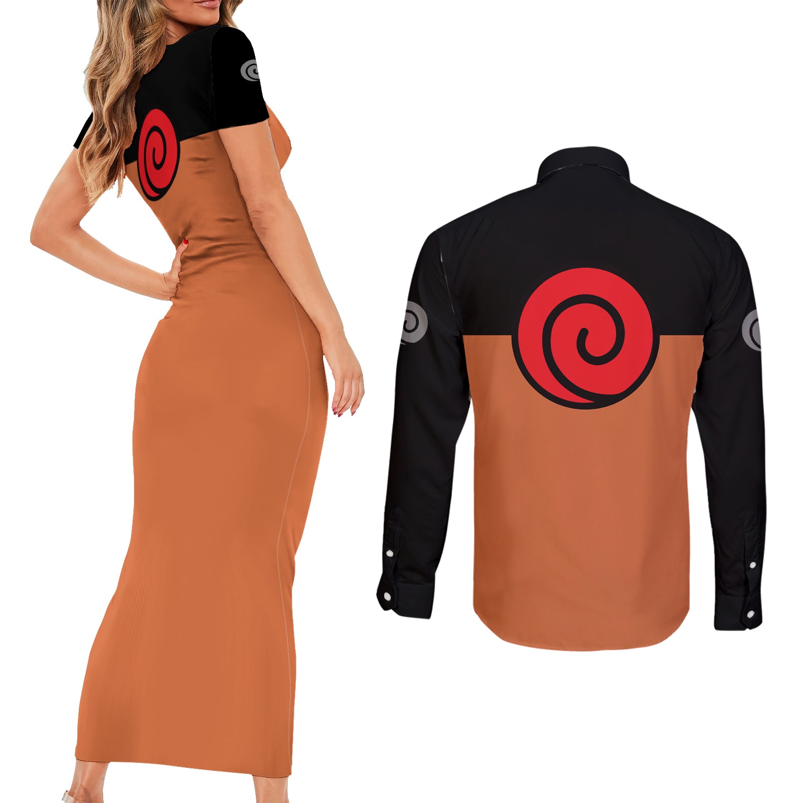 Uzumaki - Naruto Anime Couples Matching Short Sleeve Bodycon Dress and Long Sleeve Button Shirt