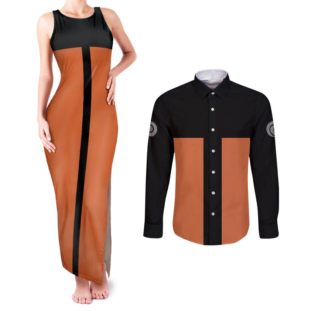 Uzumaki - Naruto Anime Couples Matching Tank Maxi Dress and Long Sleeve Button Shirt