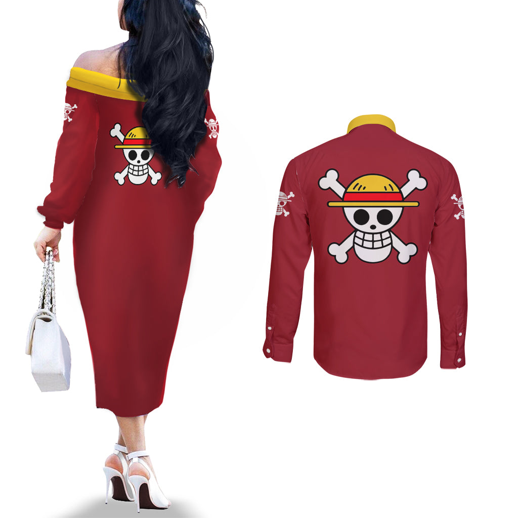 Monkey D. Luffy - One Piece Couples Matching Off The Shoulder Long Sleeve Dress and Long Sleeve Button Shirt