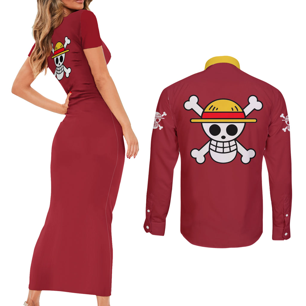 Monkey D. Luffy - One Piece Couples Matching Short Sleeve Bodycon Dress and Long Sleeve Button Shirt
