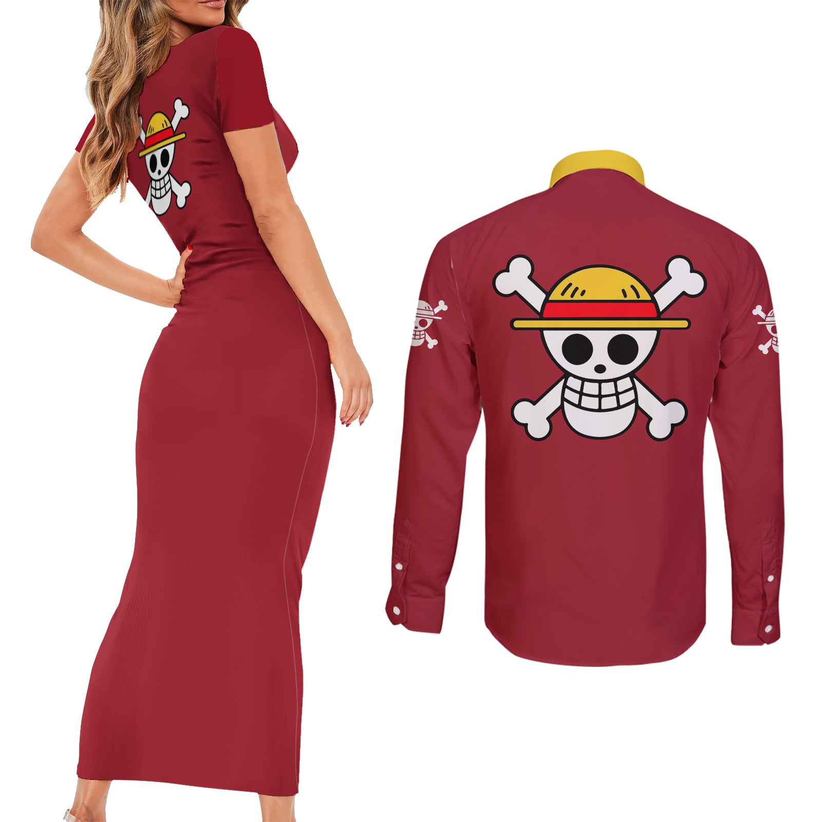 Monkey D. Luffy - One Piece Couples Matching Short Sleeve Bodycon Dress and Long Sleeve Button Shirt