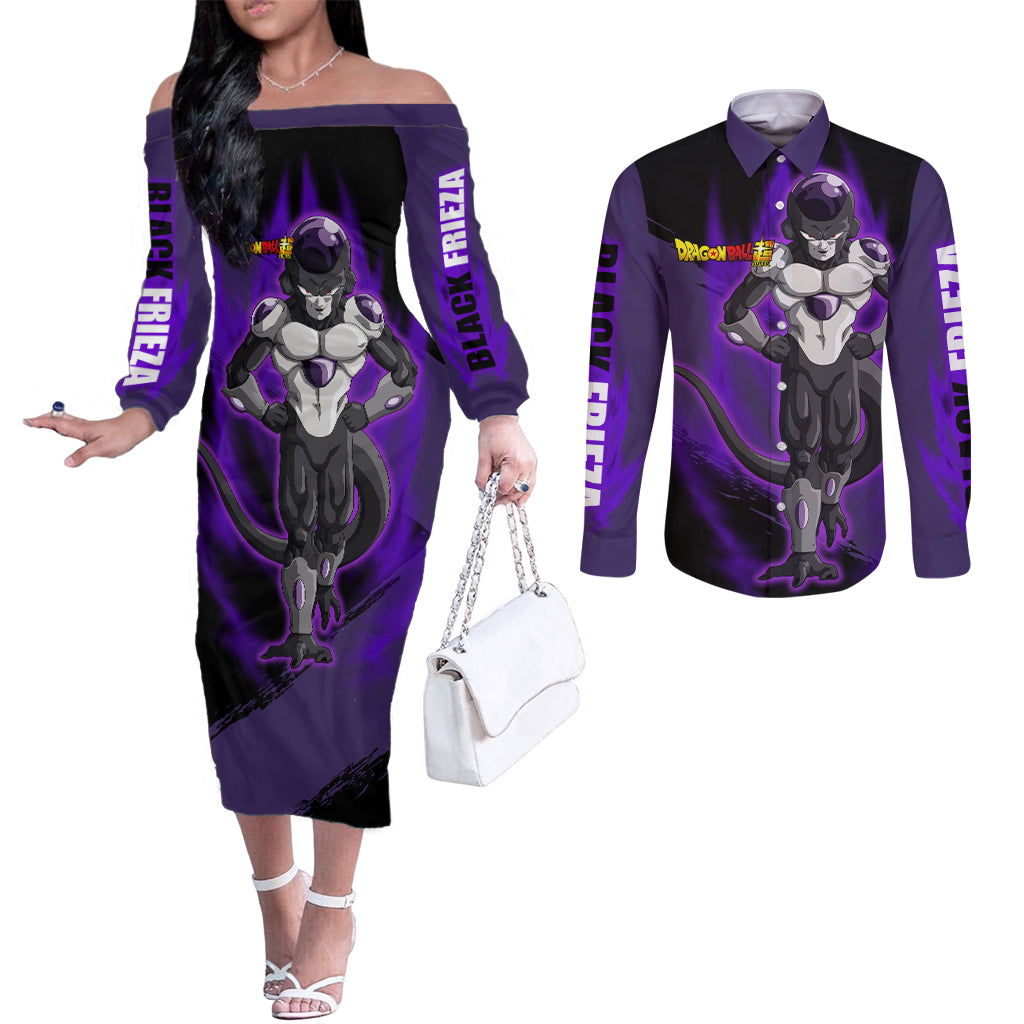 Black Frieza - Dragon Ball Super Couples Matching Off The Shoulder Long Sleeve Dress and Long Sleeve Button Shirt