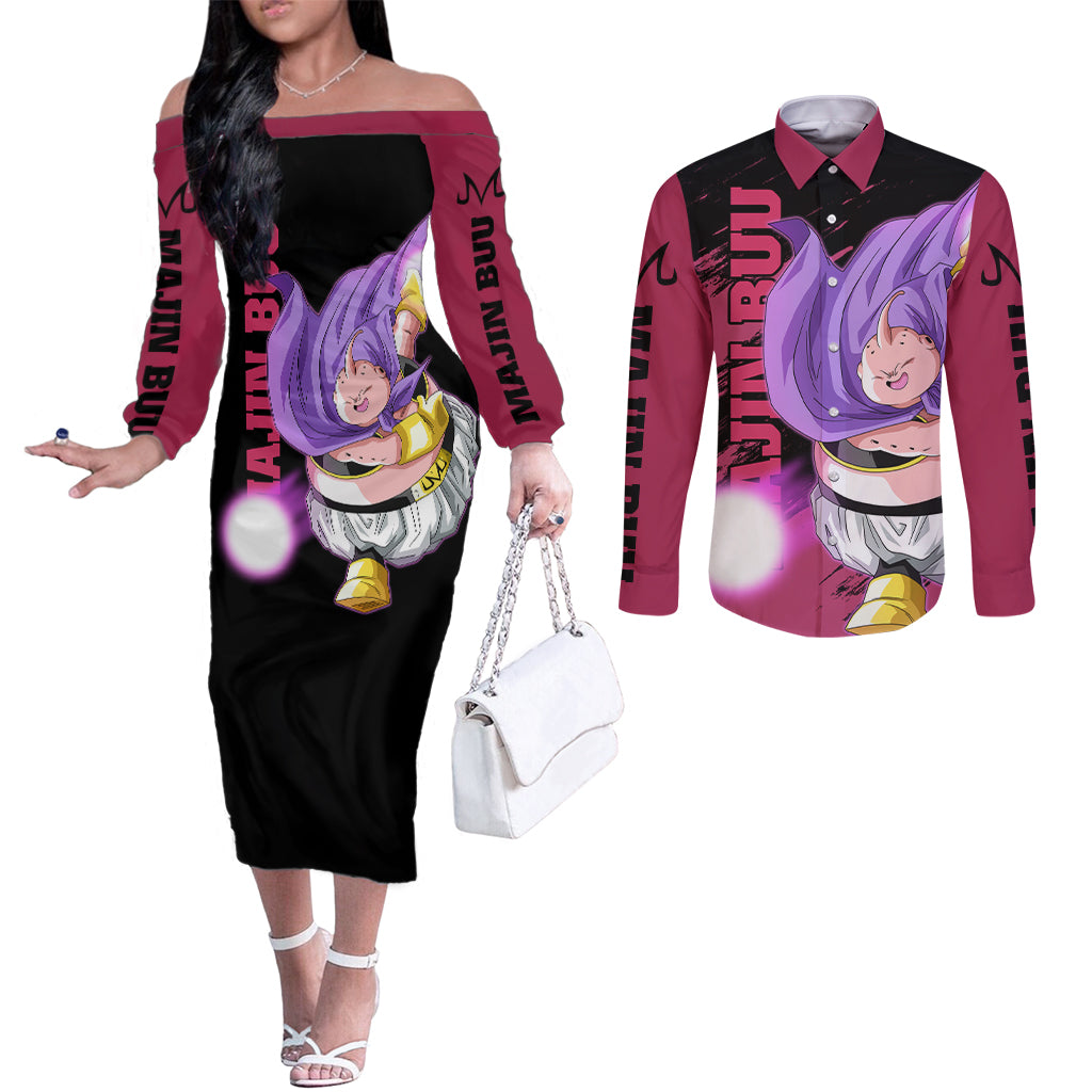 Fat Majin Buu - Dragon Ball Couples Matching Off The Shoulder Long Sleeve Dress and Long Sleeve Button Shirt