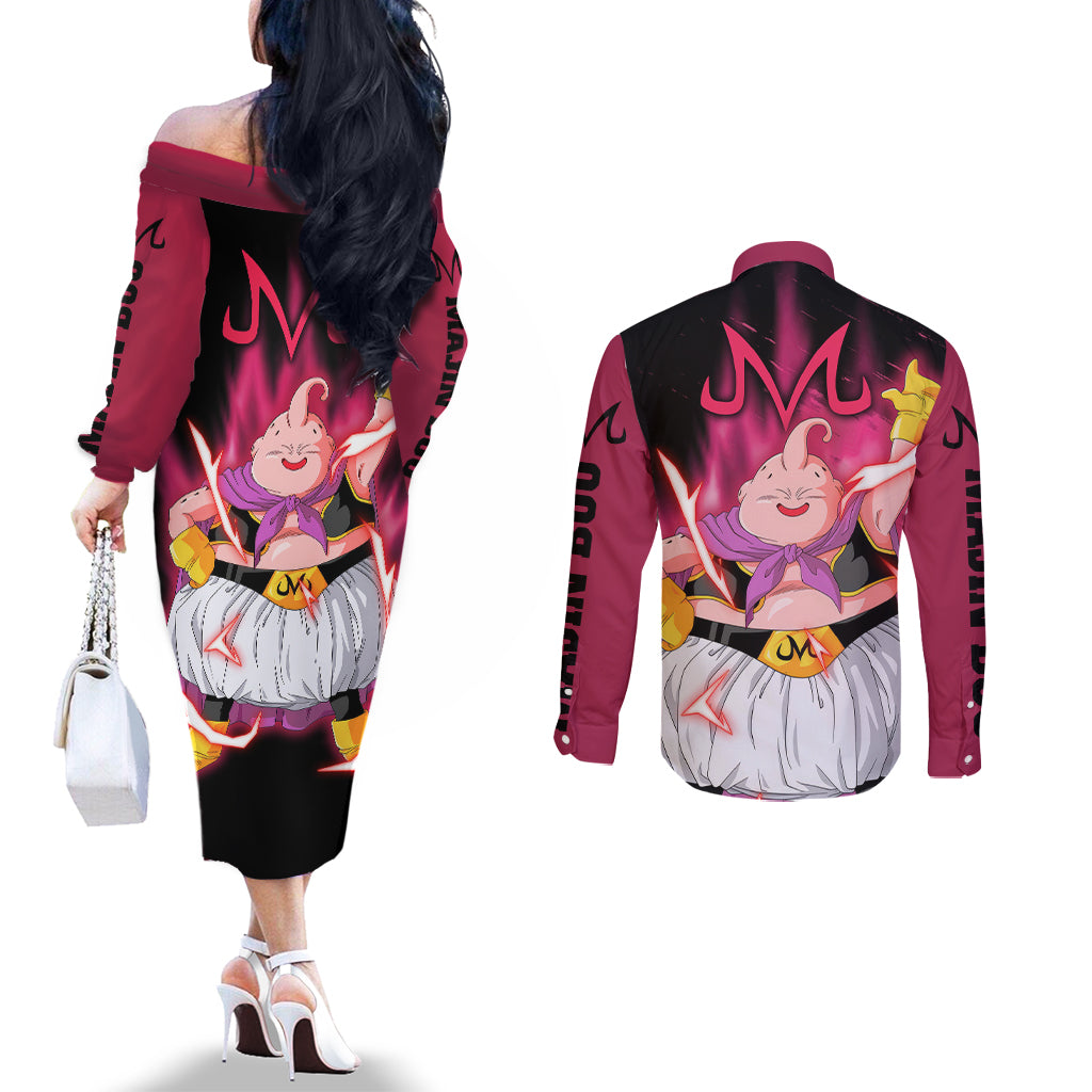 Fat Majin Buu - Dragon Ball Couples Matching Off The Shoulder Long Sleeve Dress and Long Sleeve Button Shirt