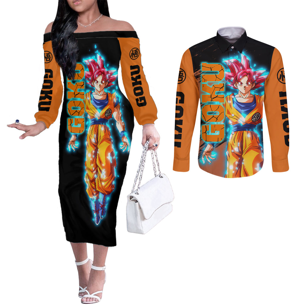 Goku Saiyan God Couples Matching Off The Shoulder Long Sleeve Dress and Long Sleeve Button Shirt