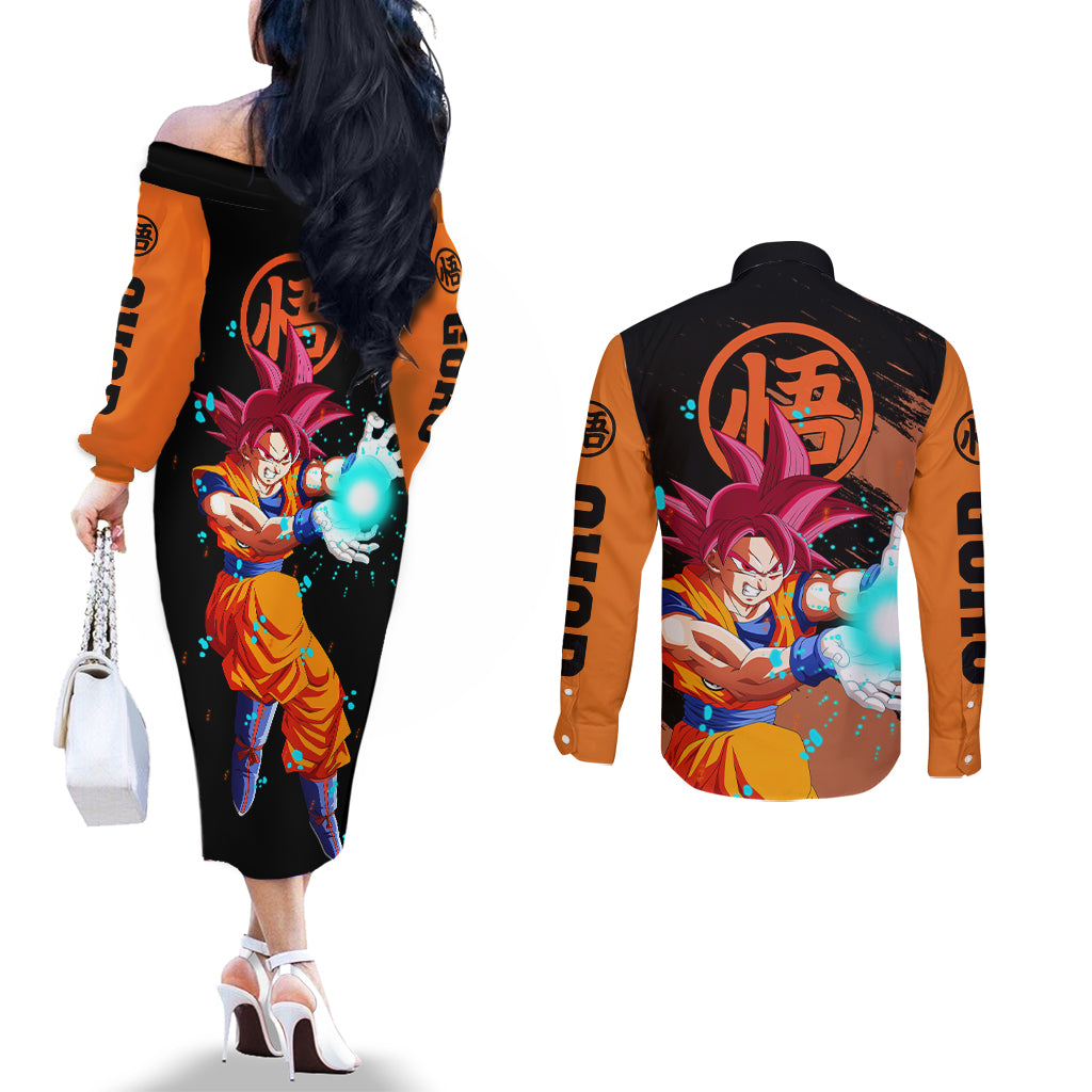 Goku Saiyan God Couples Matching Off The Shoulder Long Sleeve Dress and Long Sleeve Button Shirt
