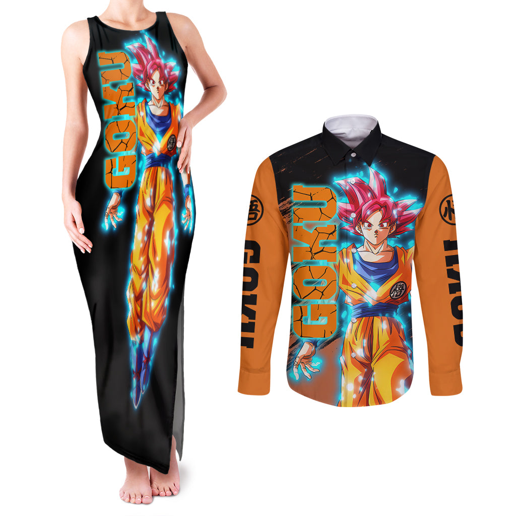Goku Saiyan God Couples Matching Tank Maxi Dress and Long Sleeve Button Shirt