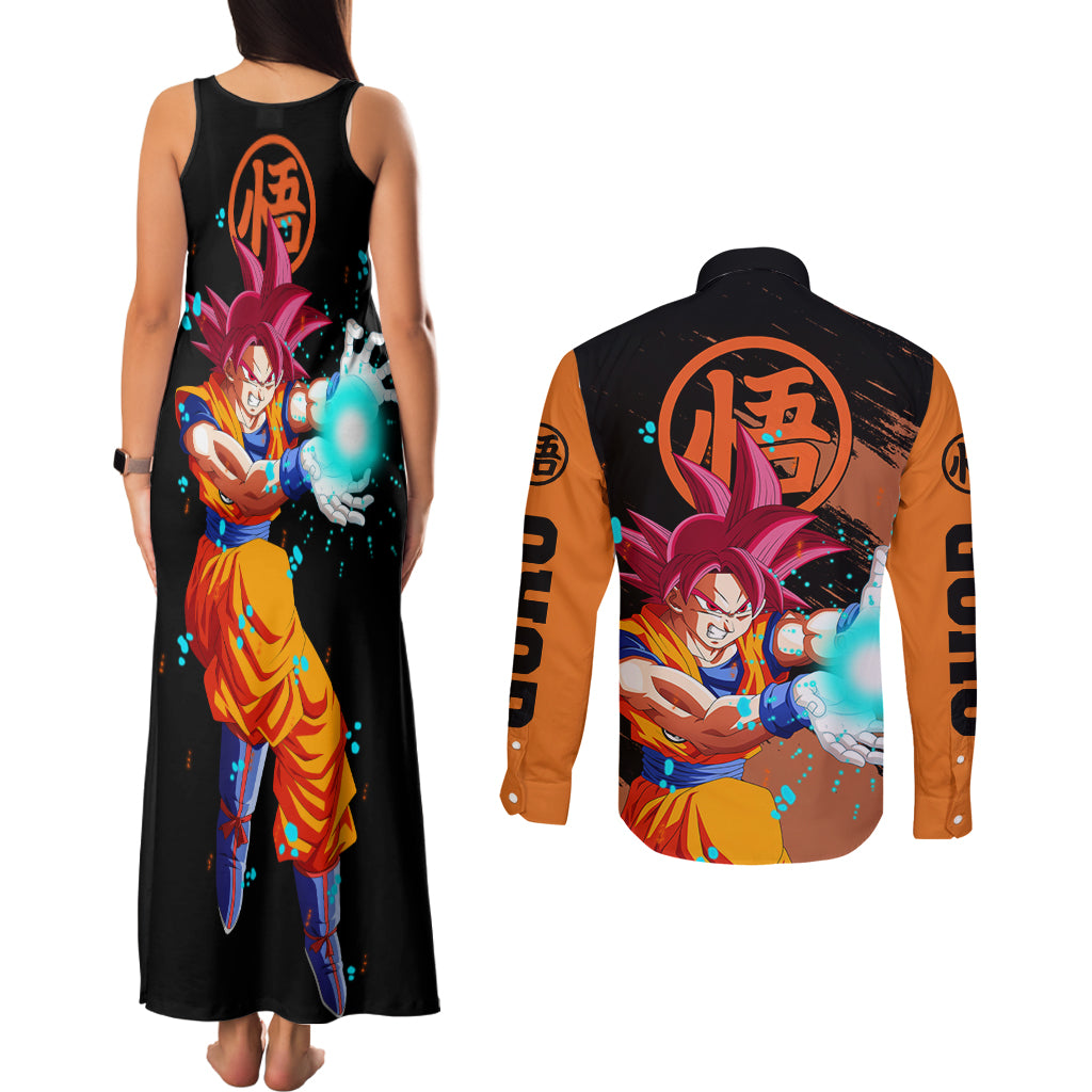 Goku Saiyan God Couples Matching Tank Maxi Dress and Long Sleeve Button Shirt