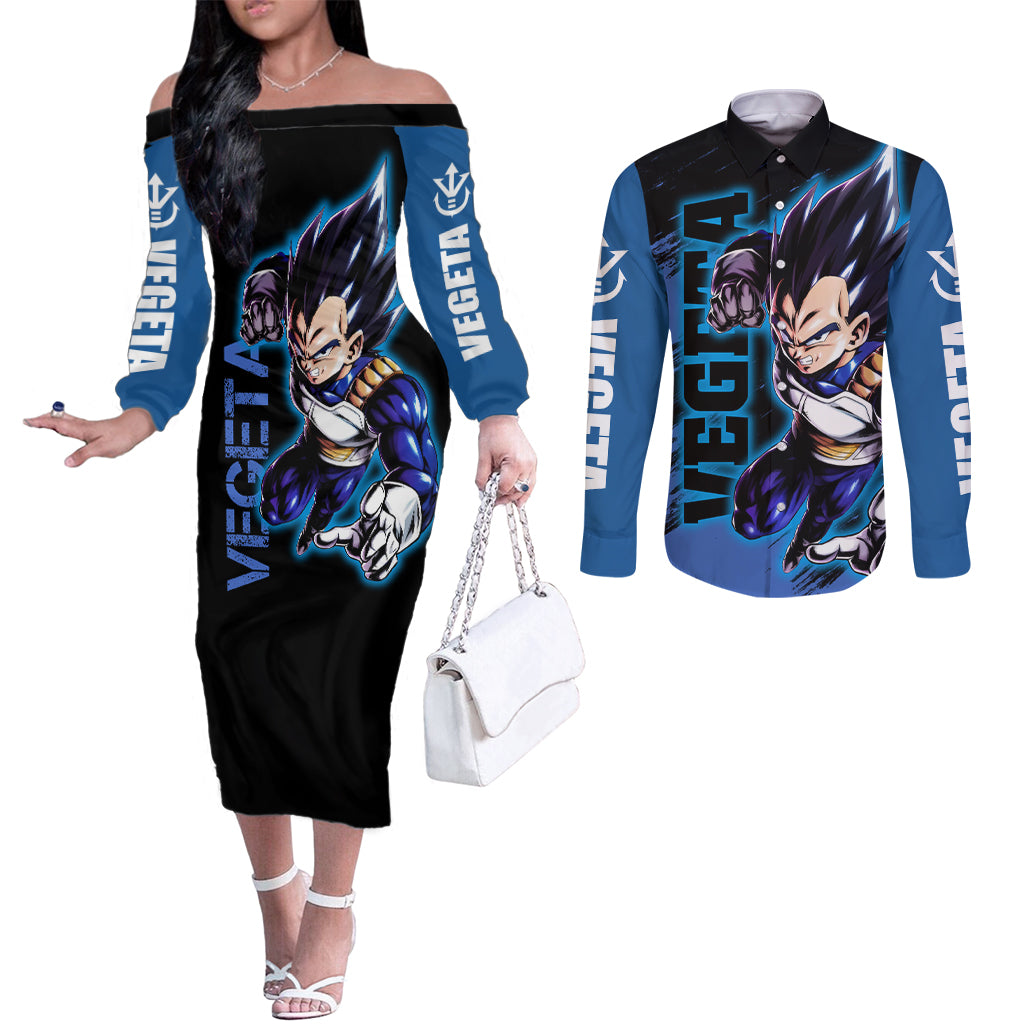 Vegeta Hoodie Dragon Ball Anime Couples Matching Off The Shoulder Long Sleeve Dress and Long Sleeve Button Shirt