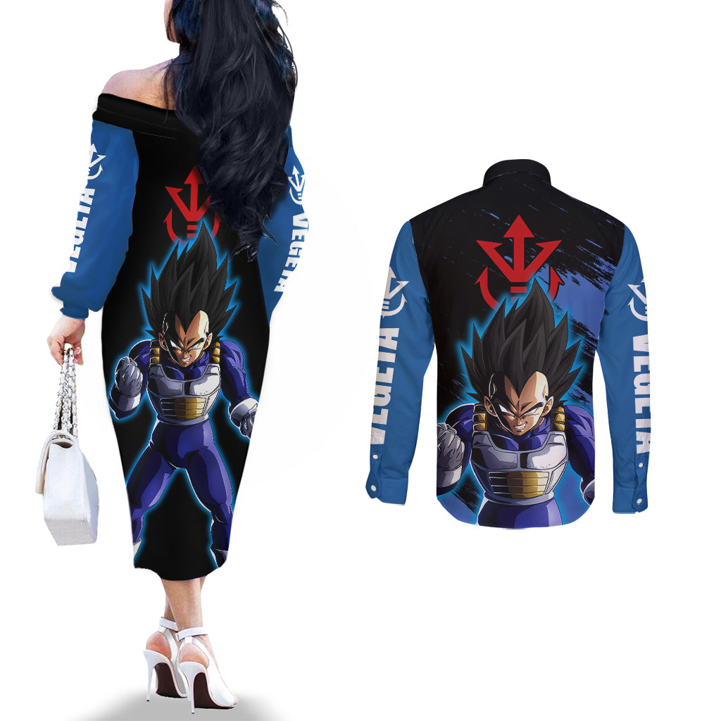 Vegeta Hoodie Dragon Ball Anime Couples Matching Off The Shoulder Long Sleeve Dress and Long Sleeve Button Shirt