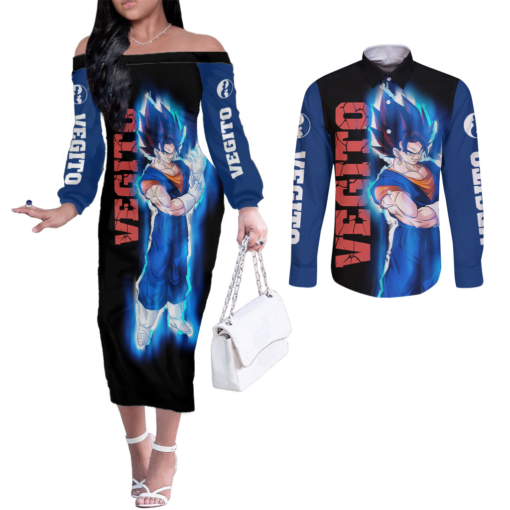 Vegito - Dragon Ball Couples Matching Off The Shoulder Long Sleeve Dress and Long Sleeve Button Shirt