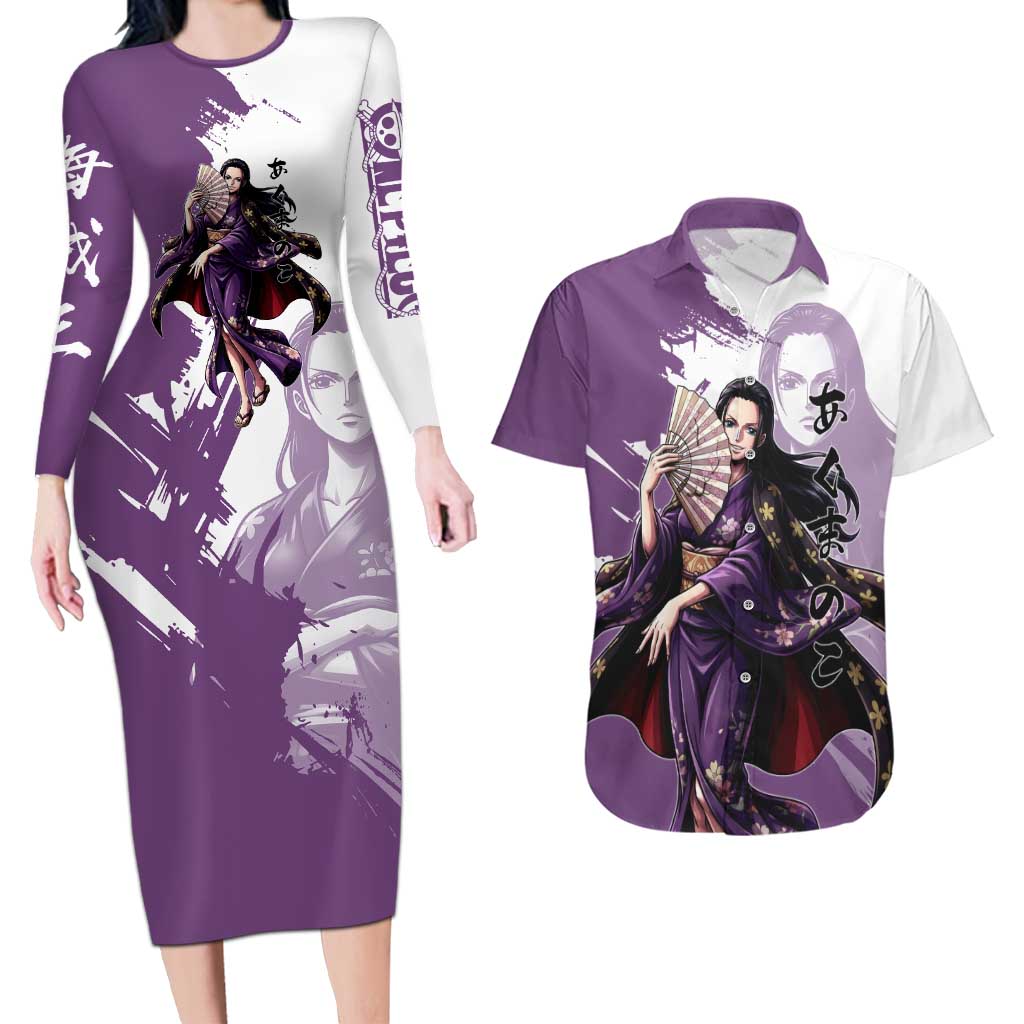 Nico Robin in Wano Kimono Elegance Couples Matching Long Sleeve Bodycon Dress and Hawaiian Shirt Demon Child in Regal Purple - One Piece Wano Style