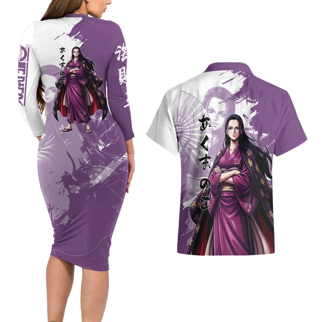 Nico Robin in Wano Kimono Elegance Couples Matching Long Sleeve Bodycon Dress and Hawaiian Shirt Demon Child in Regal Purple - One Piece Wano Style