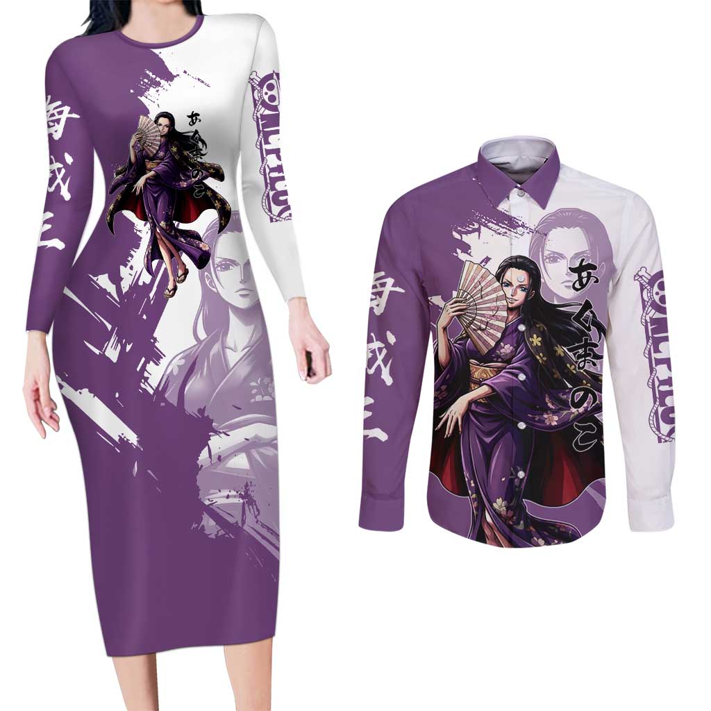 Nico Robin in Wano Kimono Elegance Couples Matching Long Sleeve Bodycon Dress and Long Sleeve Button Shirt Demon Child in Regal Purple - One Piece Wano Style