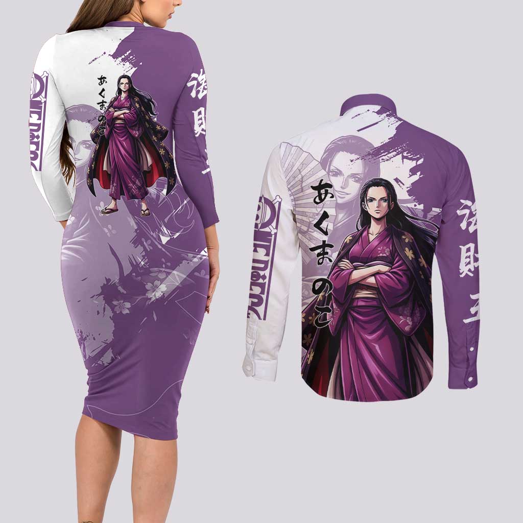 Nico Robin in Wano Kimono Elegance Couples Matching Long Sleeve Bodycon Dress and Long Sleeve Button Shirt Demon Child in Regal Purple - One Piece Wano Style