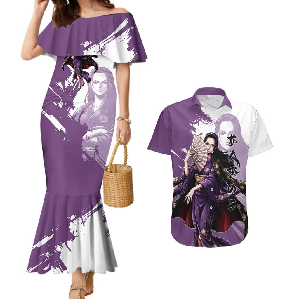 Nico Robin in Wano Kimono Elegance Couples Matching Mermaid Dress and Hawaiian Shirt Demon Child in Regal Purple - One Piece Wano Style