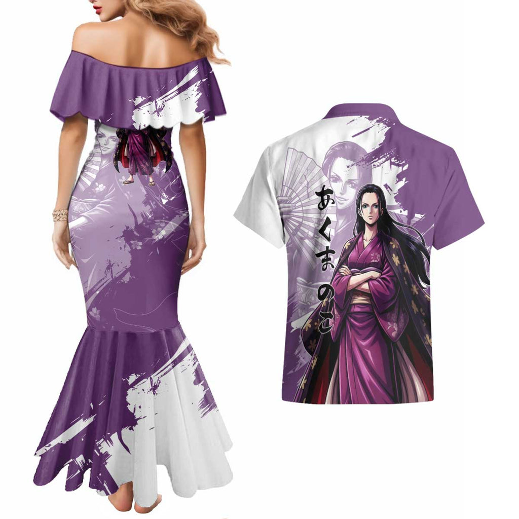 Nico Robin in Wano Kimono Elegance Couples Matching Mermaid Dress and Hawaiian Shirt Demon Child in Regal Purple - One Piece Wano Style