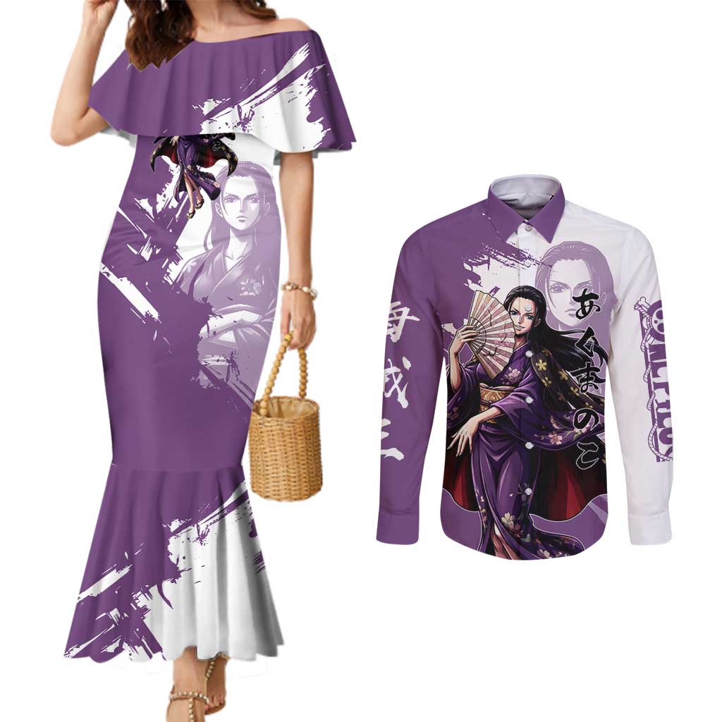 Nico Robin in Wano Kimono Elegance Couples Matching Mermaid Dress and Long Sleeve Button Shirt Demon Child in Regal Purple - One Piece Wano Style