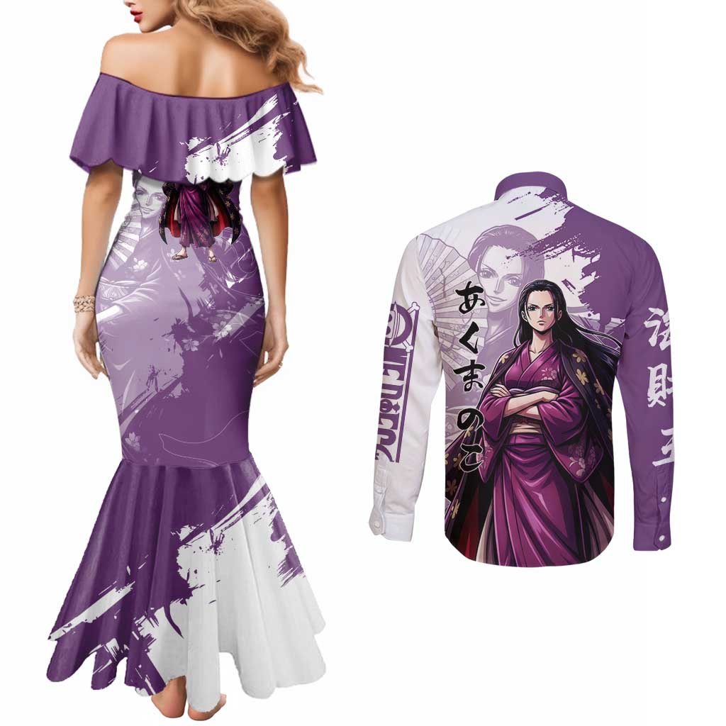 Nico Robin in Wano Kimono Elegance Couples Matching Mermaid Dress and Long Sleeve Button Shirt Demon Child in Regal Purple - One Piece Wano Style