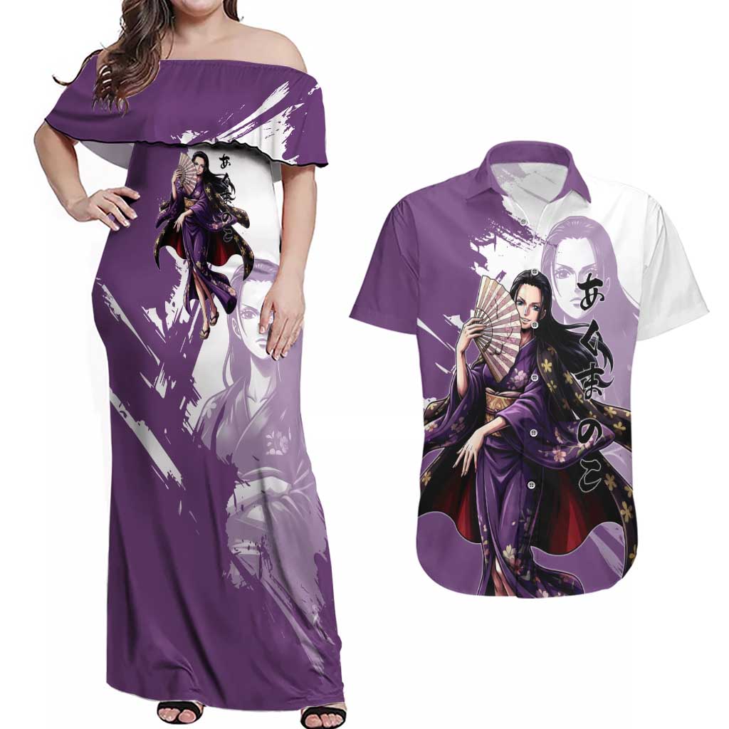 Nico Robin in Wano Kimono Elegance Couples Matching Off Shoulder Maxi Dress and Hawaiian Shirt Demon Child in Regal Purple - One Piece Wano Style