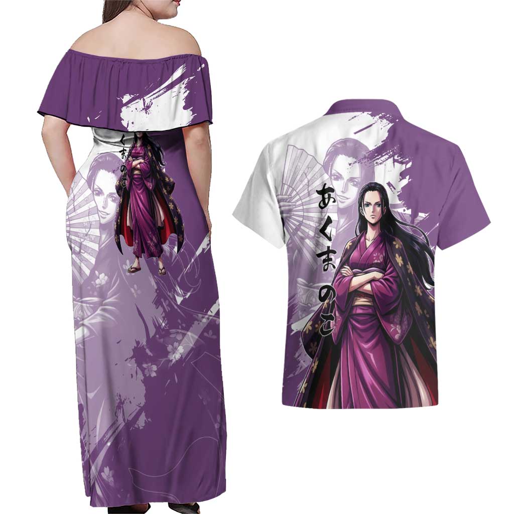 Nico Robin in Wano Kimono Elegance Couples Matching Off Shoulder Maxi Dress and Hawaiian Shirt Demon Child in Regal Purple - One Piece Wano Style