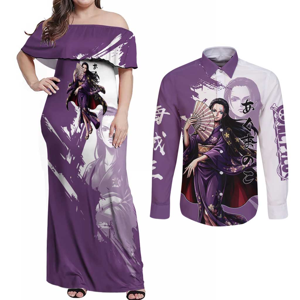 Nico Robin in Wano Kimono Elegance Couples Matching Off Shoulder Maxi Dress and Long Sleeve Button Shirt Demon Child in Regal Purple - One Piece Wano Style