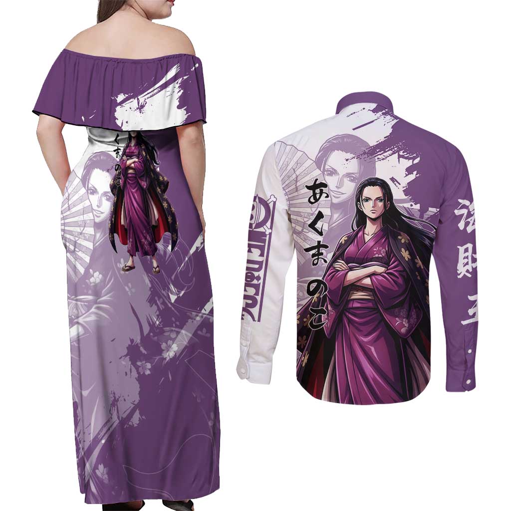 Nico Robin in Wano Kimono Elegance Couples Matching Off Shoulder Maxi Dress and Long Sleeve Button Shirt Demon Child in Regal Purple - One Piece Wano Style