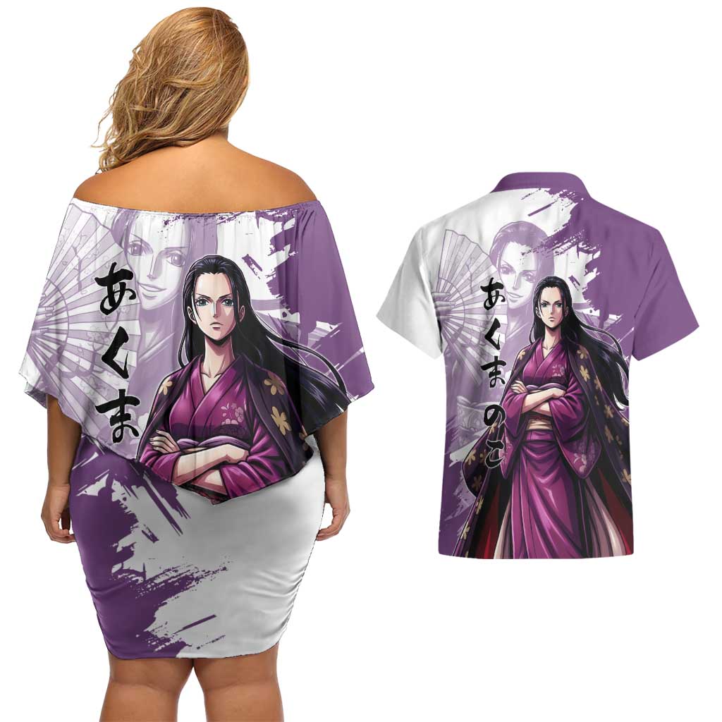 Nico Robin in Wano Kimono Elegance Couples Matching Off Shoulder Short Dress and Hawaiian Shirt Demon Child in Regal Purple - One Piece Wano Style